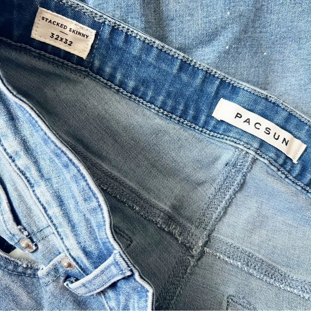 Pacsun stacked skinny jeans paint splatter light wash